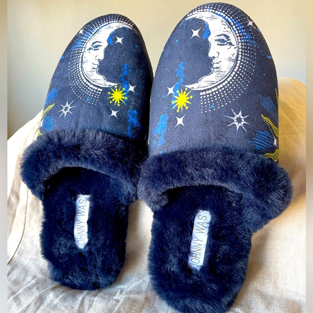 Johnny Was Navy Celestial Moon & Star Faux Fur Slippers